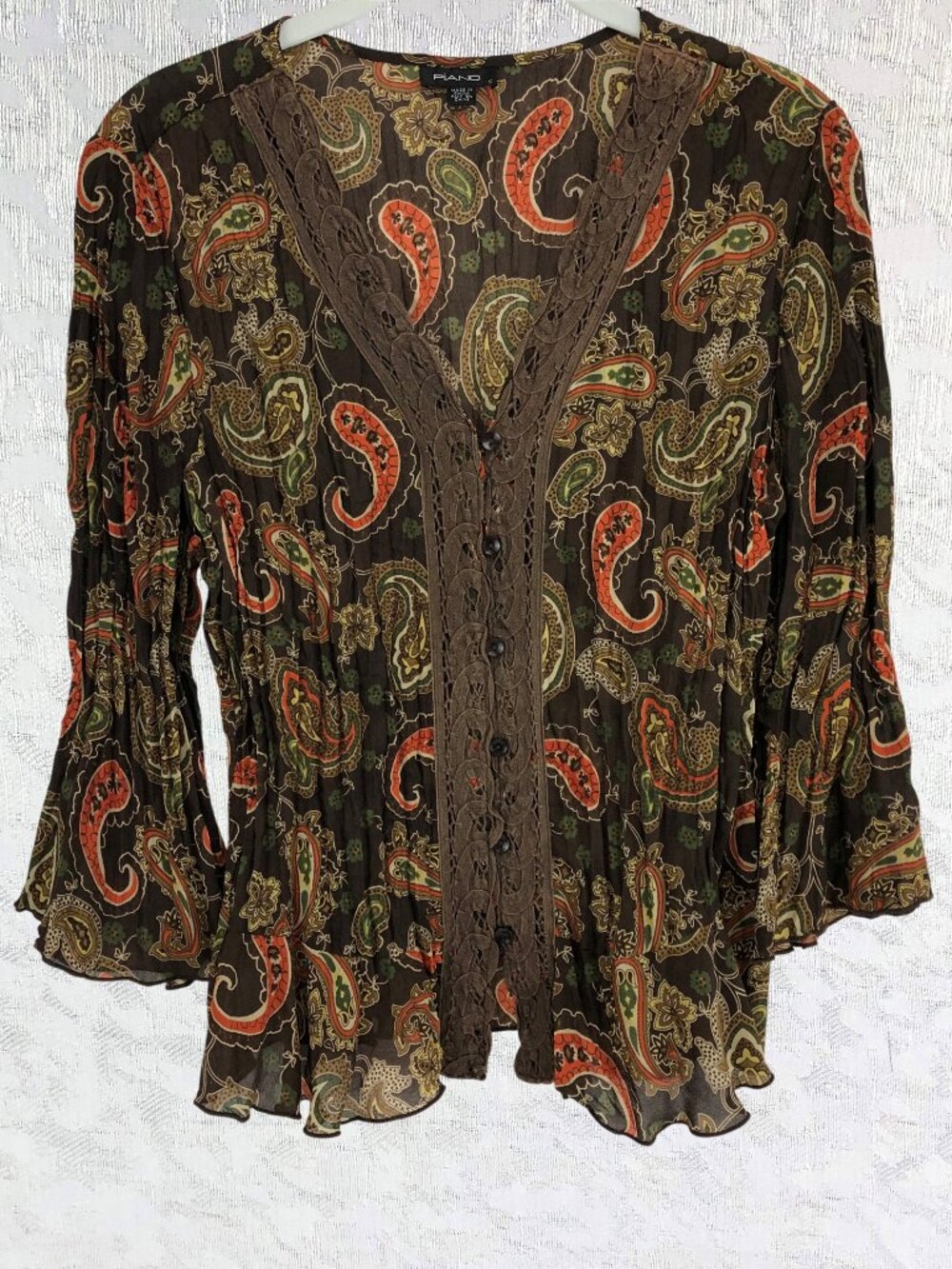 Piano Boho Paisley Crinkle Blouse Brown Lace Trim Bell Sleeve Peplum Top Size S